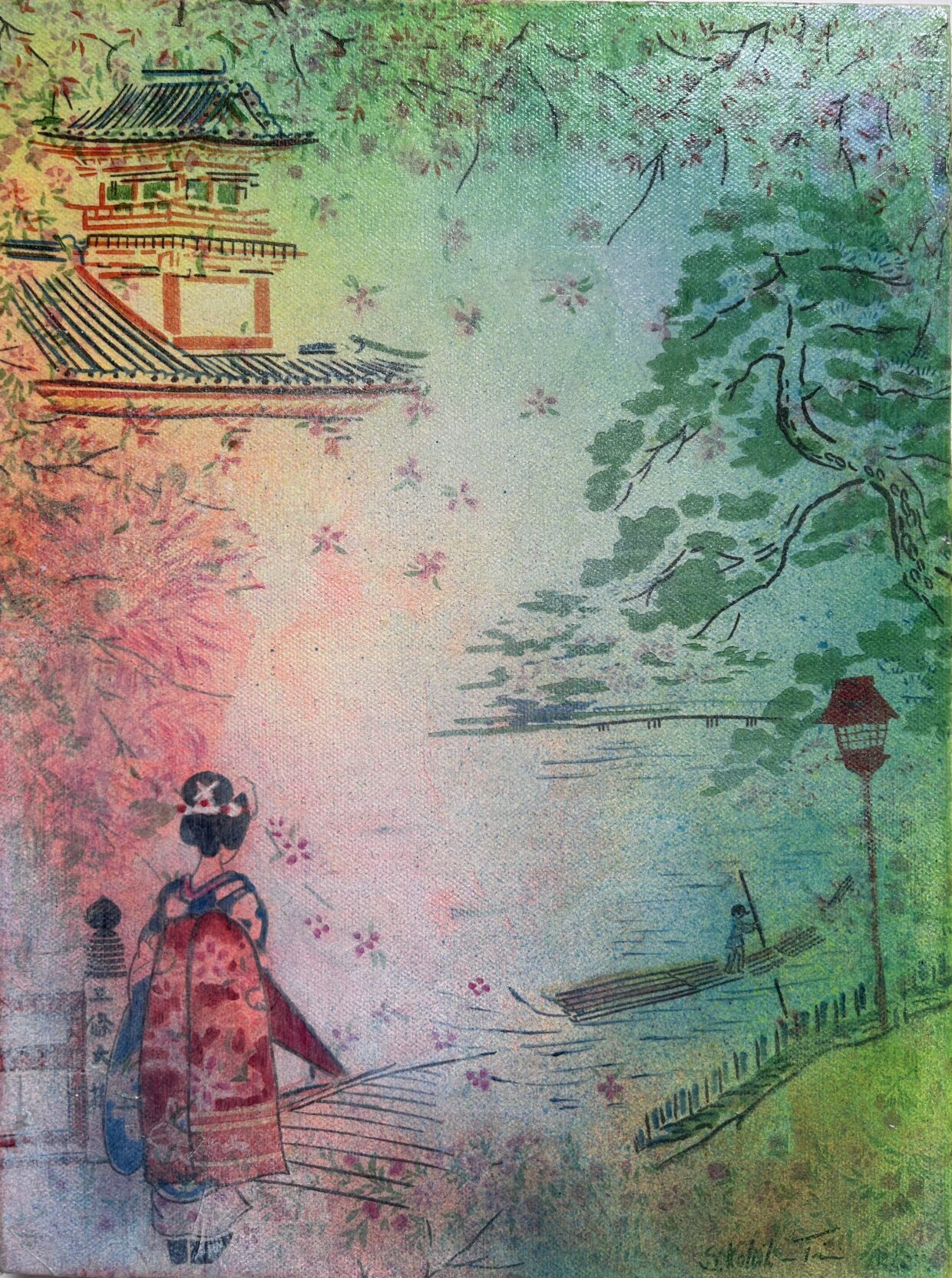 Auf dem Weg zum Teehaus II Geisha Mixed Media auf Leinwand Format 40 x 30