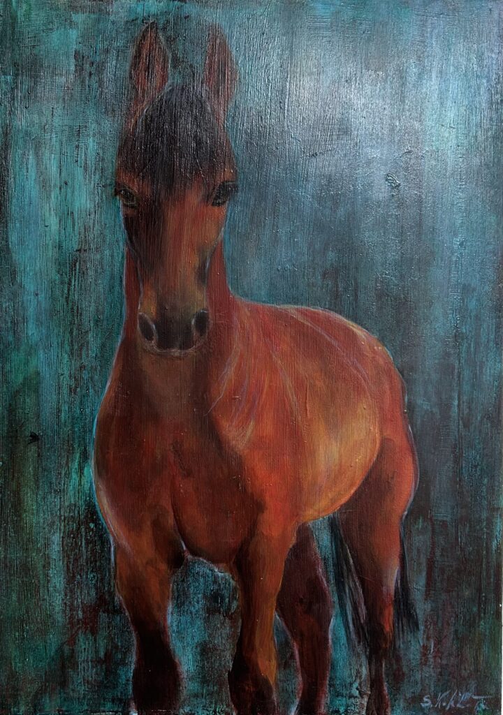 Zwilling Porträt eines Pferdes Acryl auf Holzplatte Format 59 x 42